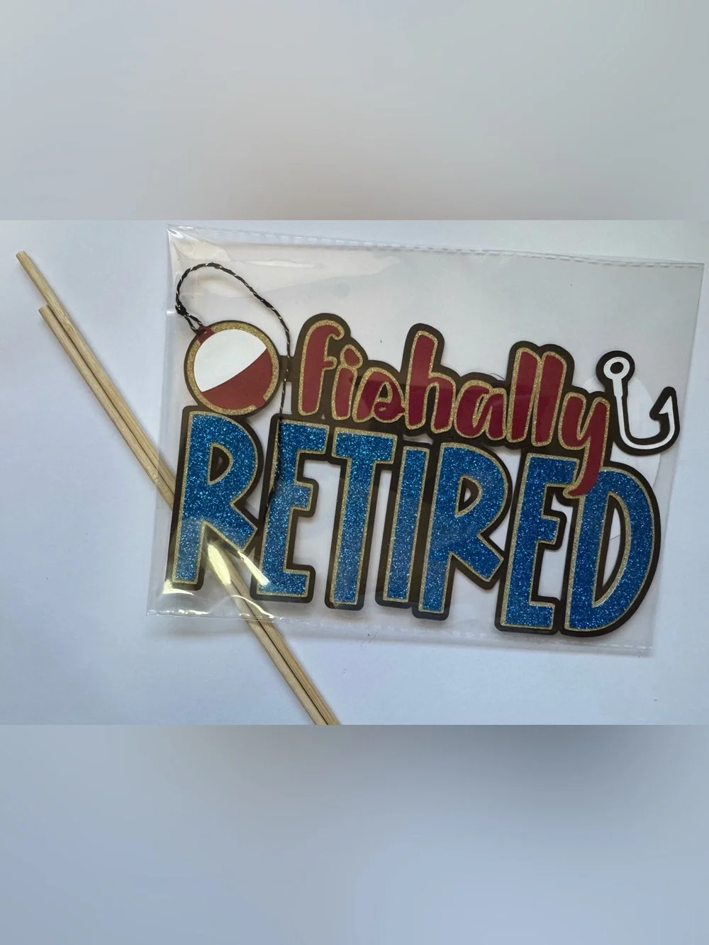 O’fishally Retired' Decor, Scrapbook or Cake Topper! Sparkly Blue w/Red Accents